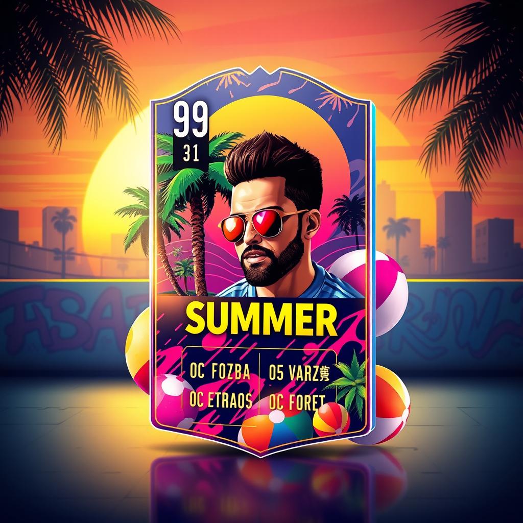 A FIFA Mobile card design featuring summer themes with vibrant colors, showcasing elements like palm trees, beach balls, and sunglasses