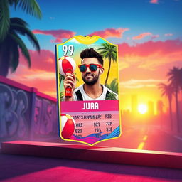 A FIFA Mobile card design featuring summer themes with vibrant colors, showcasing elements like palm trees, beach balls, and sunglasses