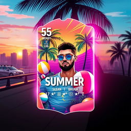 A FIFA Mobile card design featuring summer themes with vibrant colors, showcasing elements like palm trees, beach balls, and sunglasses