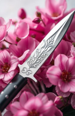 A beautifully crafted blade placed elegantly in the center of the image, surrounded by delicate pink flowers that bloom vibrantly around it