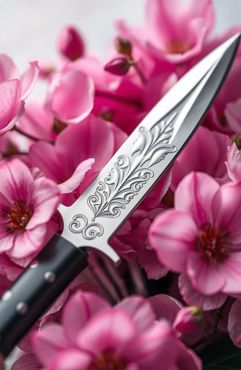 A beautifully crafted blade placed elegantly in the center of the image, surrounded by delicate pink flowers that bloom vibrantly around it