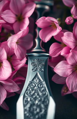A beautifully crafted blade placed elegantly in the center of the image, surrounded by delicate pink flowers that bloom vibrantly around it