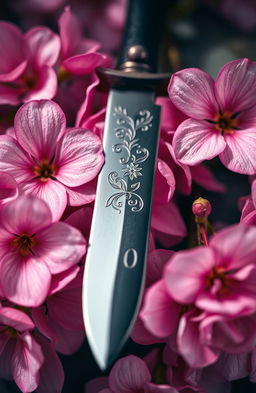 A beautifully crafted blade placed elegantly in the center of the image, surrounded by delicate pink flowers that bloom vibrantly around it
