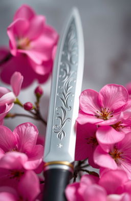 A beautifully crafted blade placed elegantly in the center of the image, surrounded by delicate pink flowers that bloom vibrantly around it