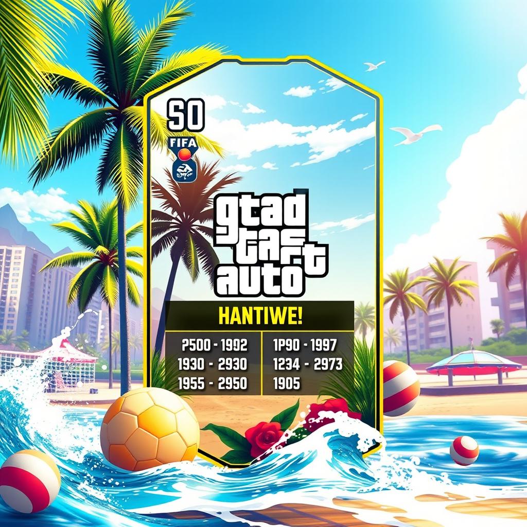 A vibrant FIFA Mobile card design featuring summer themes, adorned with bright colors like sunny yellows, ocean blues, and lush greens