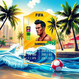A vibrant FIFA Mobile card design featuring summer themes, adorned with bright colors like sunny yellows, ocean blues, and lush greens