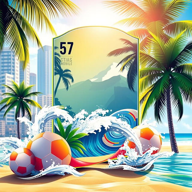A vibrant FIFA Mobile card design featuring summer themes, adorned with bright colors like sunny yellows, ocean blues, and lush greens