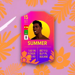 A vibrant FIFA Mobile card design featuring a summer theme with a purple gradient blended with orange colors