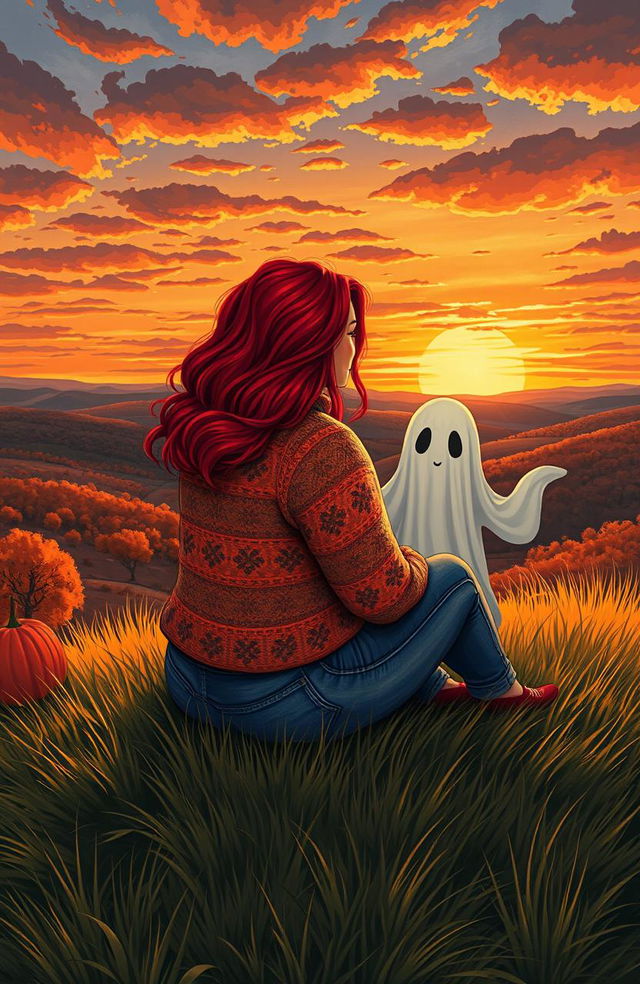 A curvy woman with vibrant red hair, wearing a cozy autumn sweater and jeans, sitting on a grassy hill beside a whimsical sheet ghost