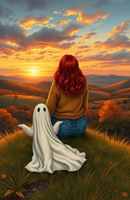 A curvy woman with vibrant red hair, wearing a cozy autumn sweater and jeans, sitting on a grassy hill beside a whimsical sheet ghost