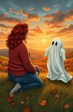 A curvy woman with vibrant red hair, wearing a cozy autumn sweater and jeans, sitting on a grassy hill beside a whimsical sheet ghost