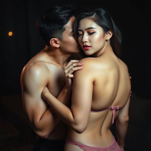 A 37-year-old Indonesian man with pure white skin, embracing a gorgeous 28-year-old woman with a sturdy and sexy body from behind in an affectionate manner