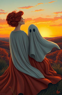 A curvy woman with striking red hair, wearing a flowing autumn dress, sits beside a whimsical ghost covered with a white sheet