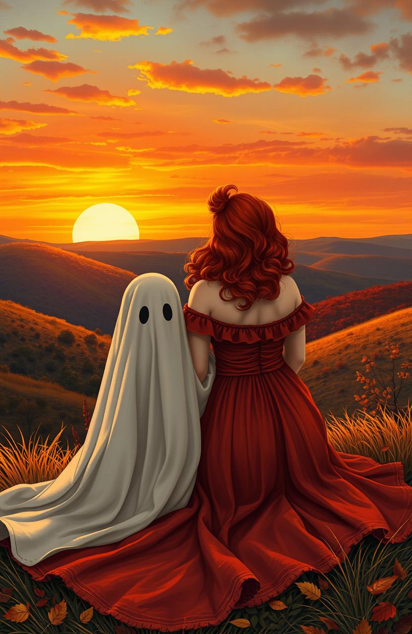 A curvy woman with striking red hair, wearing a flowing autumn dress, sits beside a whimsical ghost covered with a white sheet