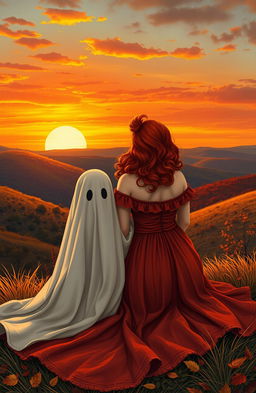A curvy woman with striking red hair, wearing a flowing autumn dress, sits beside a whimsical ghost covered with a white sheet