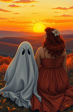 A curvy woman with striking red hair, wearing a flowing autumn dress, sits beside a whimsical ghost covered with a white sheet