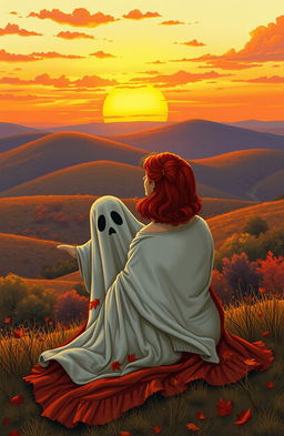 A curvy woman with striking red hair, wearing a flowing autumn dress, sits beside a whimsical ghost covered with a white sheet