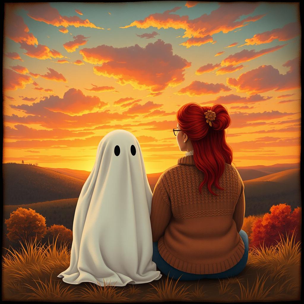 A curvy woman with vibrant red hair, dressed in a cozy sweater, sits next to a playful ghost covered with a white sheet that has no arms