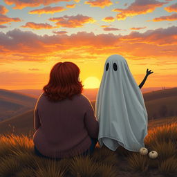 A curvy woman with vibrant red hair, dressed in a cozy sweater, sits next to a playful ghost covered with a white sheet that has no arms