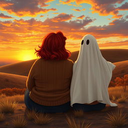 A curvy woman with vibrant red hair, dressed in a cozy sweater, sits next to a playful ghost covered with a white sheet that has no arms