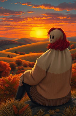 A curvy woman wearing a cozy sweater with vibrant red hair sits next to a whimsical sheet ghost, gazing at a beautiful hilly sunset in Texas