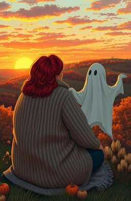 A curvy woman wearing a cozy sweater with vibrant red hair sits next to a whimsical sheet ghost, gazing at a beautiful hilly sunset in Texas