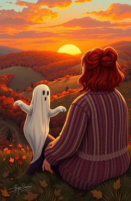 A curvy woman wearing a cozy sweater with vibrant red hair sits next to a whimsical sheet ghost, gazing at a beautiful hilly sunset in Texas