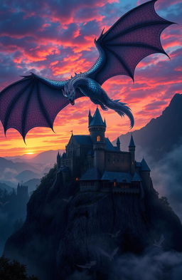 A majestic and dramatic fantasy scene titled 'Wings and Shadows', featuring a powerful dragon with iridescent scales soaring through a vividly colored twilight sky