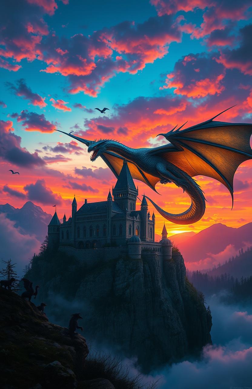 A majestic and dramatic fantasy scene titled 'Wings and Shadows', featuring a powerful dragon with iridescent scales soaring through a vividly colored twilight sky