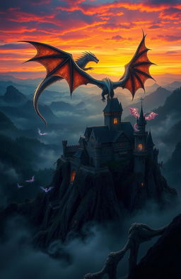 A majestic and dramatic fantasy scene titled 'Wings and Shadows', featuring a powerful dragon with iridescent scales soaring through a vividly colored twilight sky