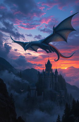 A majestic and dramatic fantasy scene titled 'Wings and Shadows', featuring a powerful dragon with iridescent scales soaring through a vividly colored twilight sky