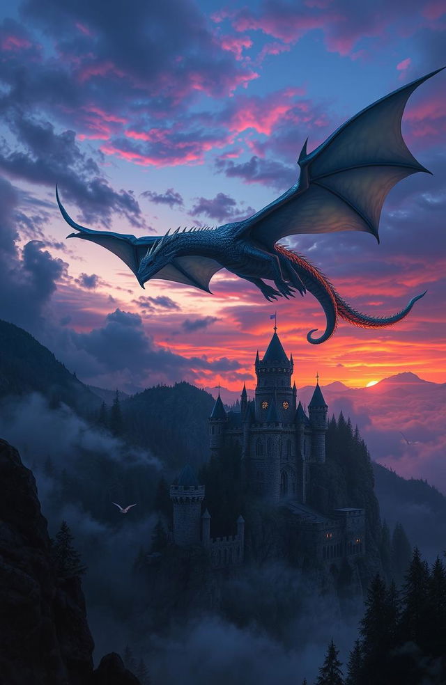 A majestic and dramatic fantasy scene titled 'Wings and Shadows', featuring a powerful dragon with iridescent scales soaring through a vividly colored twilight sky
