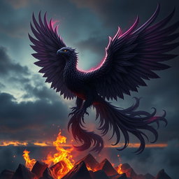 A majestic shadow phoenix rising from the ashes, its massive wings spread wide, feathers resembling swirling smoke and deep shades of black and dark purple