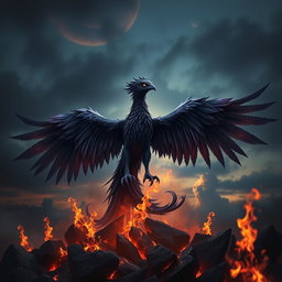 A majestic shadow phoenix rising from the ashes, its massive wings spread wide, feathers resembling swirling smoke and deep shades of black and dark purple