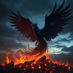 A majestic shadow phoenix rising from the ashes, its massive wings spread wide, feathers resembling swirling smoke and deep shades of black and dark purple