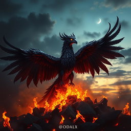 A majestic shadow phoenix rising from the ashes, its massive wings spread wide, feathers resembling swirling smoke and deep shades of black and dark purple