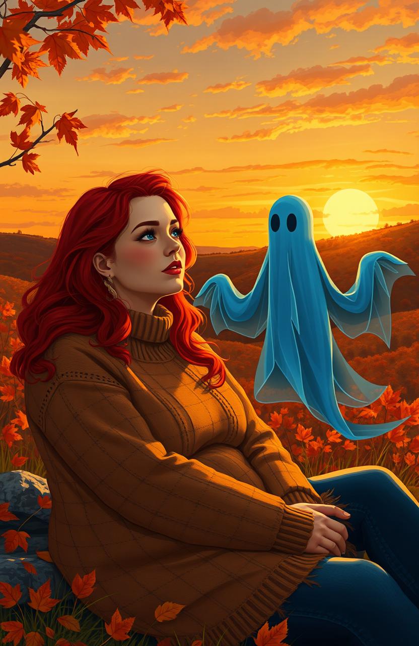 A curvy woman with vibrant red hair, wearing a cozy sweater, sits beside an ethereal transparent blue ghost
