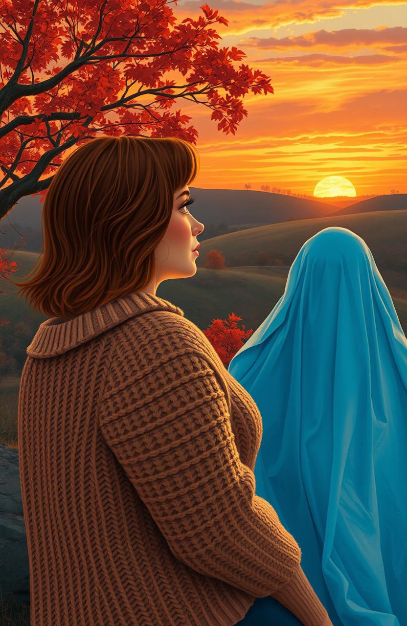 A curvy woman wearing a cozy sweater with shoulder length red hair, sitting next to a transparent blue sheet ghost