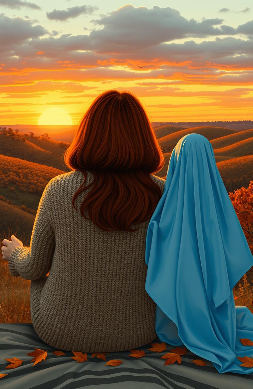 A curvy woman wearing a cozy sweater with shoulder-length red hair, sitting next to a transparent blue sheet ghost