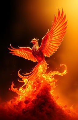 A majestic phoenix rising gracefully from a swirling mass of vibrant orange and red ashes, its feathers radiant and shimmering with iridescent colors
