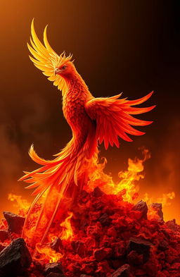 A majestic phoenix rising gracefully from a swirling mass of vibrant orange and red ashes, its feathers radiant and shimmering with iridescent colors