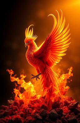 A majestic phoenix rising gracefully from a swirling mass of vibrant orange and red ashes, its feathers radiant and shimmering with iridescent colors