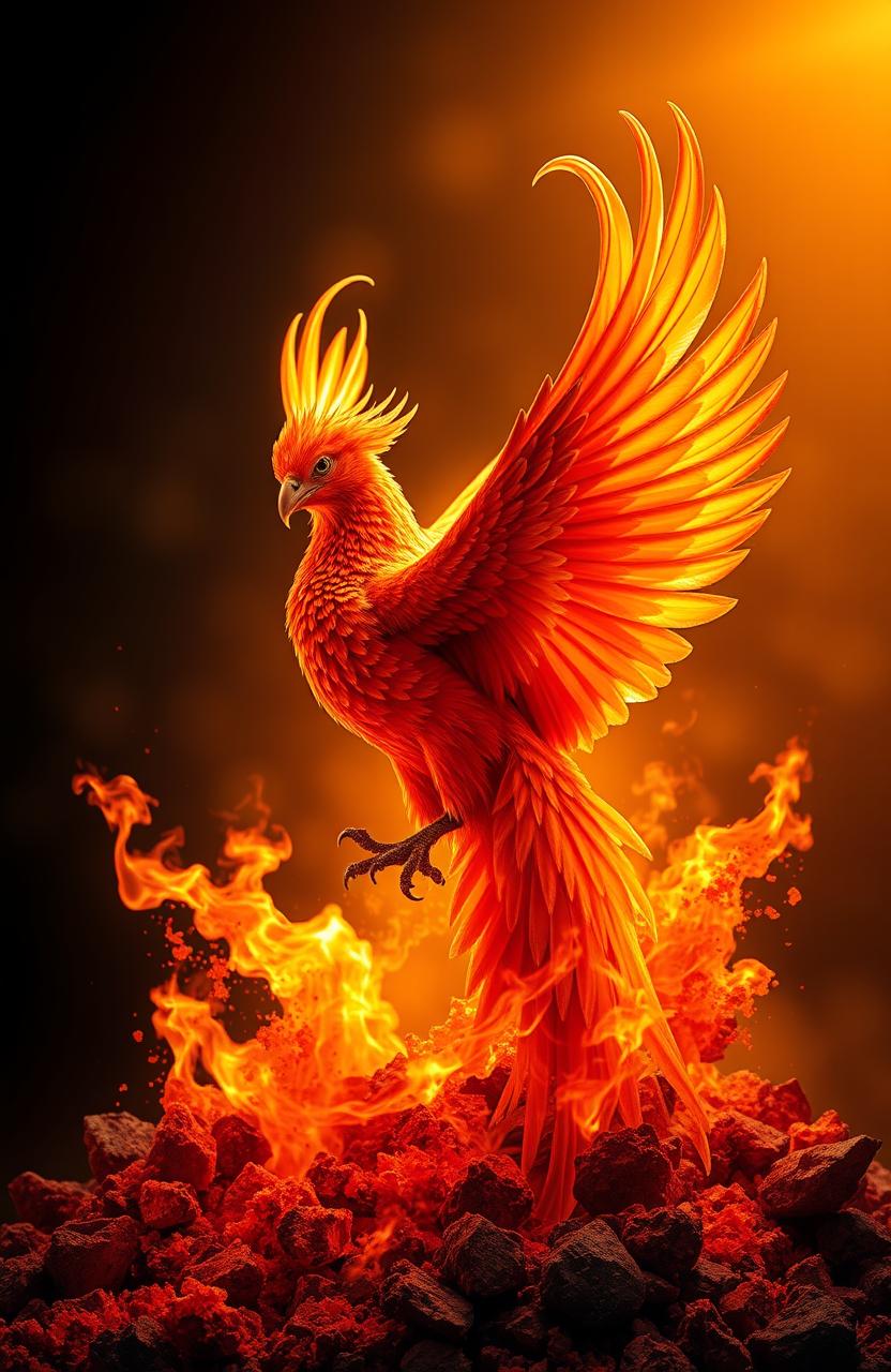 A majestic phoenix rising gracefully from a swirling mass of vibrant orange and red ashes, its feathers radiant and shimmering with iridescent colors