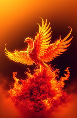 A majestic phoenix rising gracefully from a swirling mass of vibrant orange and red ashes, its feathers radiant and shimmering with iridescent colors