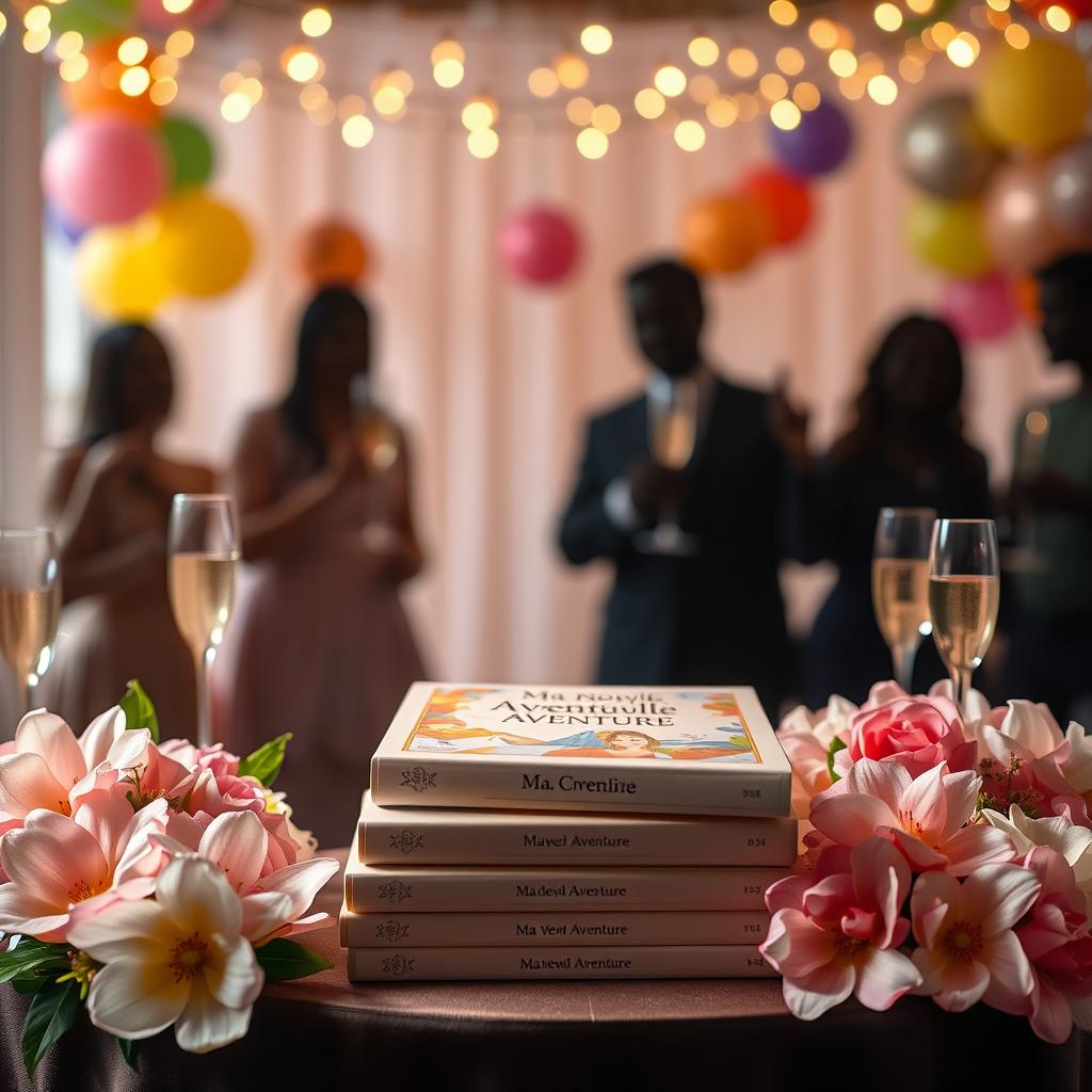 A visually striking book release event without any discernible faces