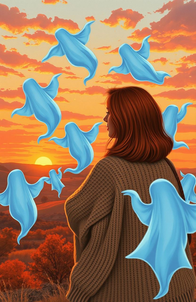 A curvy woman wearing a cozy sweater with shoulder-length red hair, standing and gazing at a picturesque hilly sunset in Texas during autumn