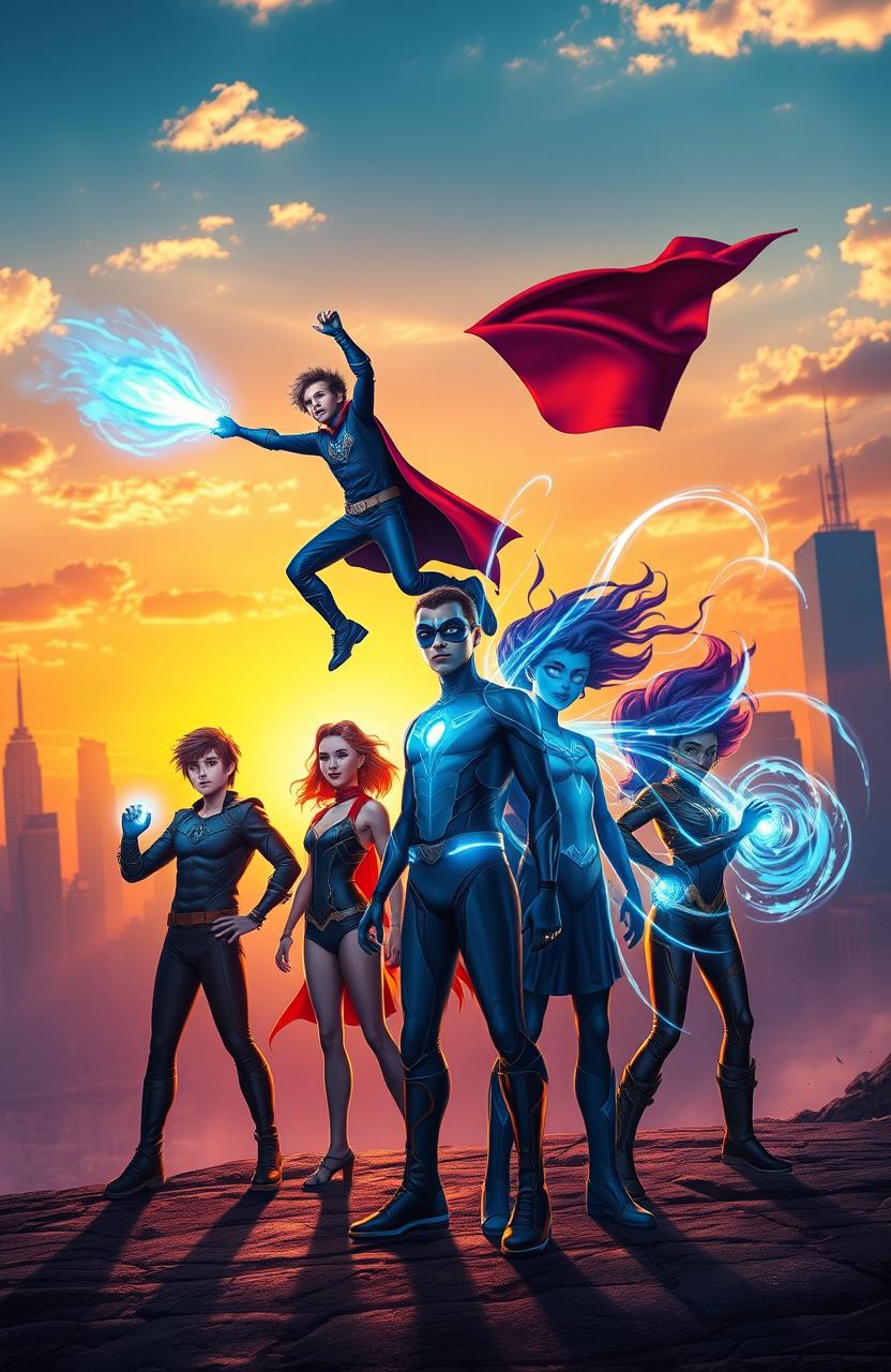 A vibrant and dynamic scene capturing the essence of a world filled with superheroes and superpowers, inspired by "Indigo's Children"