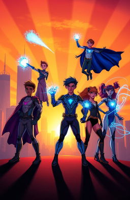 A vibrant and dynamic scene capturing the essence of a world filled with superheroes and superpowers, inspired by "Indigo's Children"