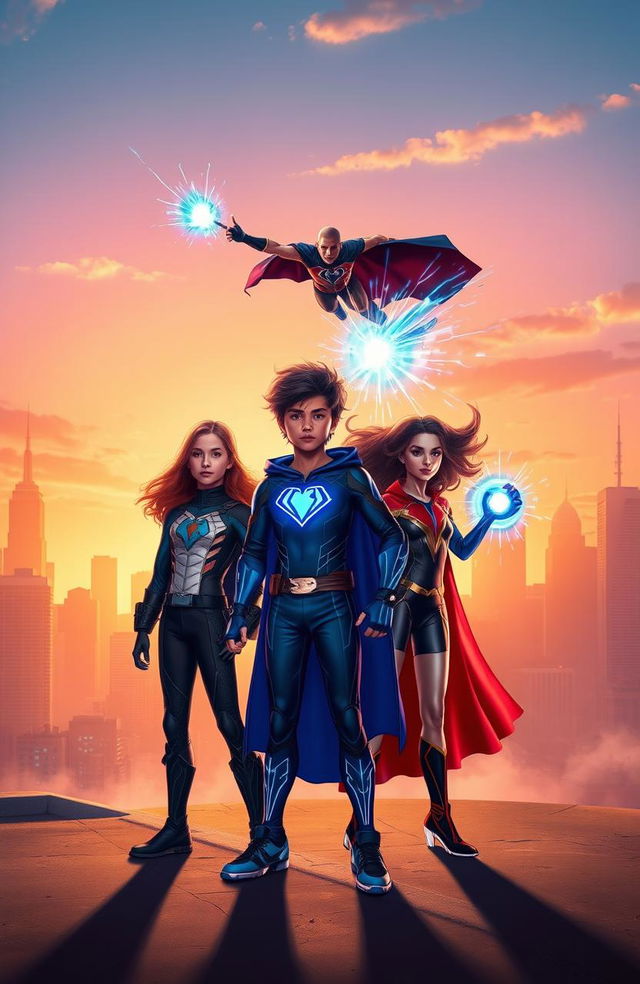 A vibrant and dynamic scene capturing the essence of a world filled with superheroes and superpowers, inspired by "Indigo's Children"