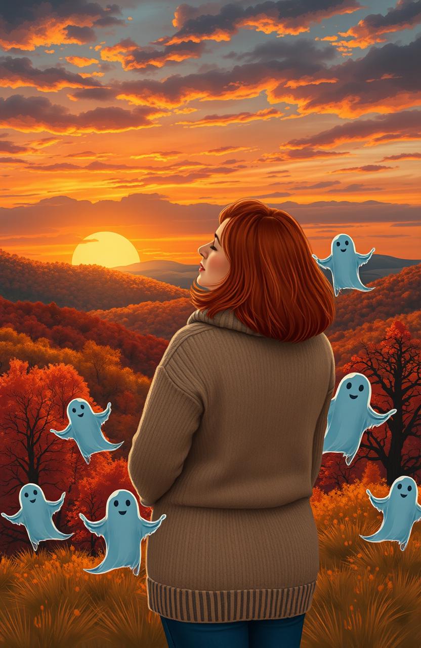 A curvy woman wearing a cozy sweater, with shoulder-length red hair, standing gracefully and gazing at a stunning hilly sunset in Texas during autumn
